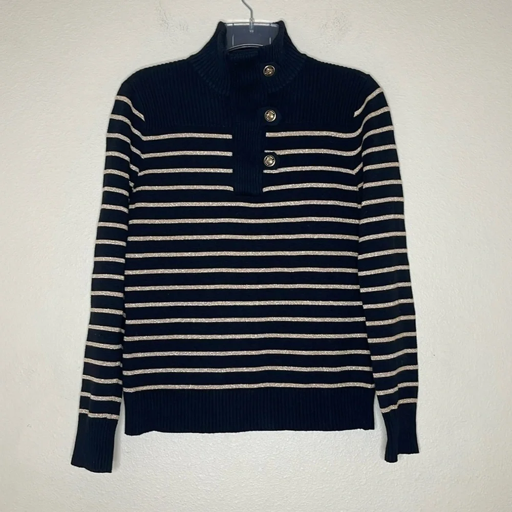 Lauren Ralph Lauren Black Gold Stripe Cotton Knit High Neck Sweater Small